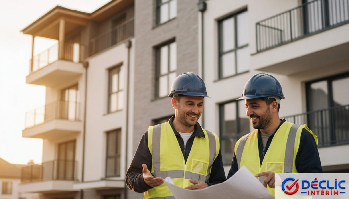 Professionnels BTP discutant devant un logement, preuve d'intégration.