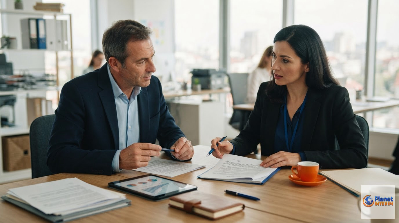 Un chef d'entreprise et un consultant discutant de contrats et conformité.