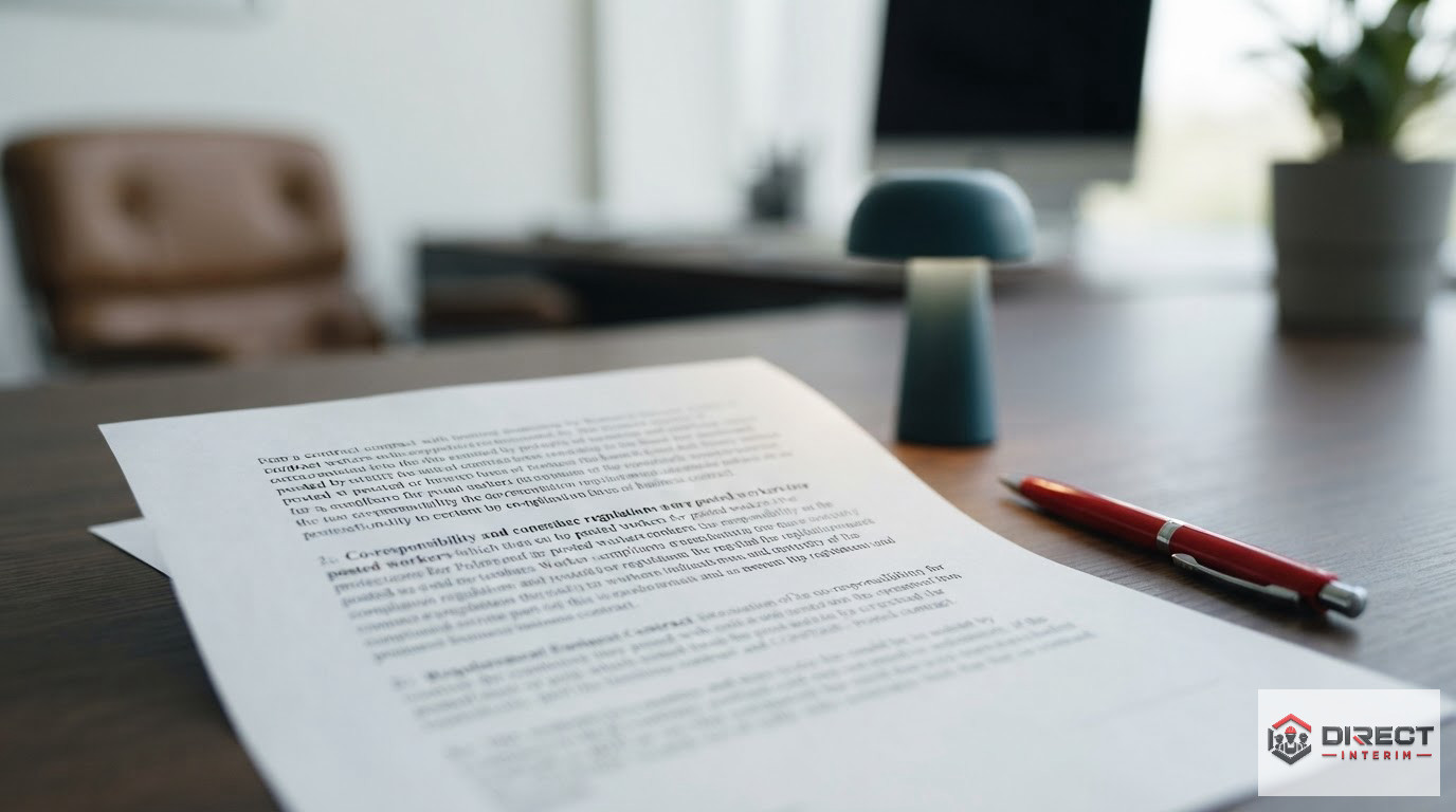 Gros plan sur un contrat détaillant les clauses de coresponsabilité des travailleurs détachés.