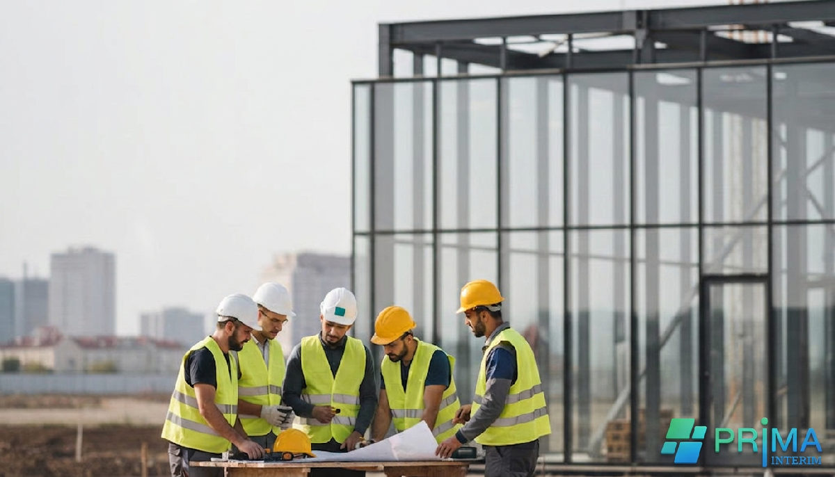 optimisation productivité personnel intérimaires roumains - Chantier moderne : ouvriers qualifiés collaborant pour plus de productivité.