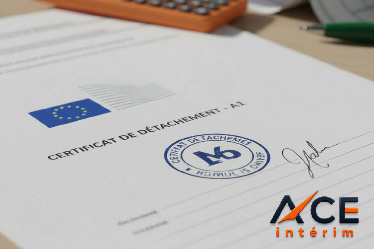 Cachet et signature sur un document de détachement européen.