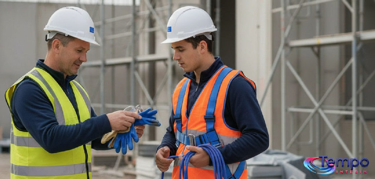 Un tuteur explique le port des EPI à un intérimaire sur un chantier.