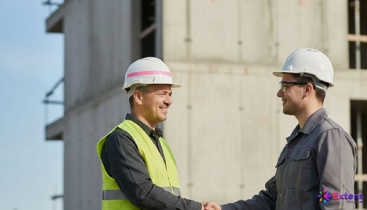 Chef de chantier et ouvrier qualifié collaborant sur une structure en béton.