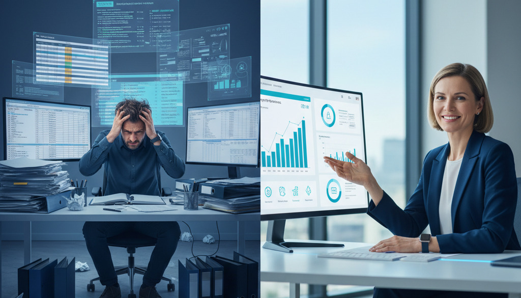 Manual keyword research frustration vs. AI dashboard competence.