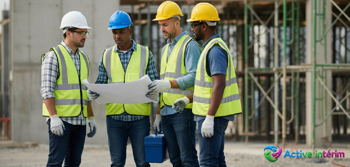 Travailleurs du bâtiment qualifiés en tenue de sécurité.