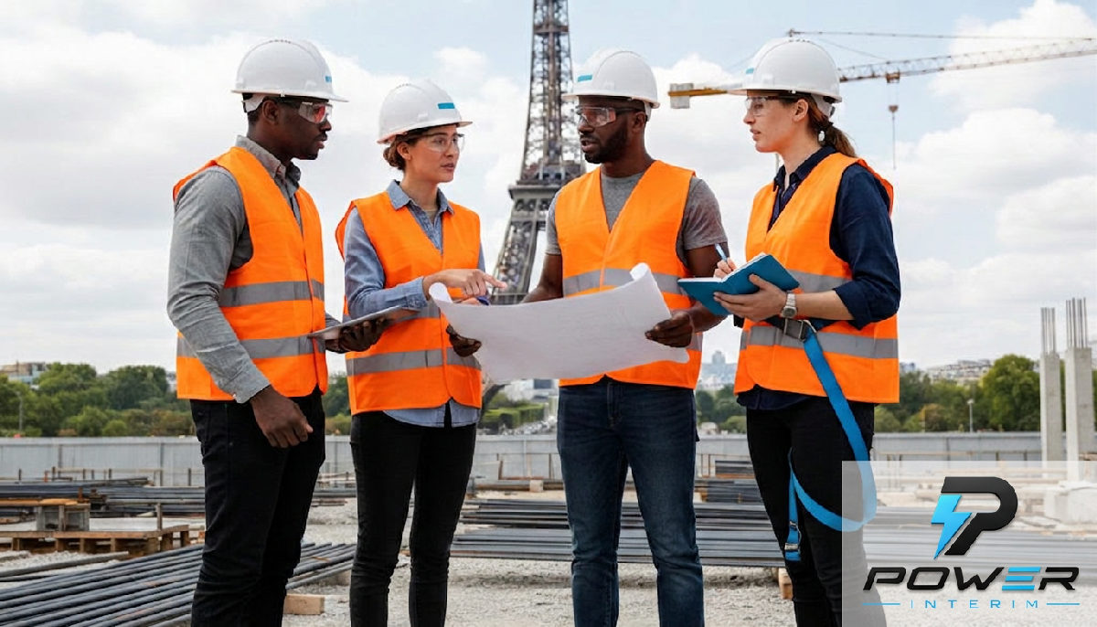 Équipe de construction diversifiée en France discutant sécurité.