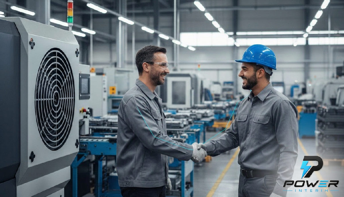Superviseur et travailleur roumain souriants dans une usine.