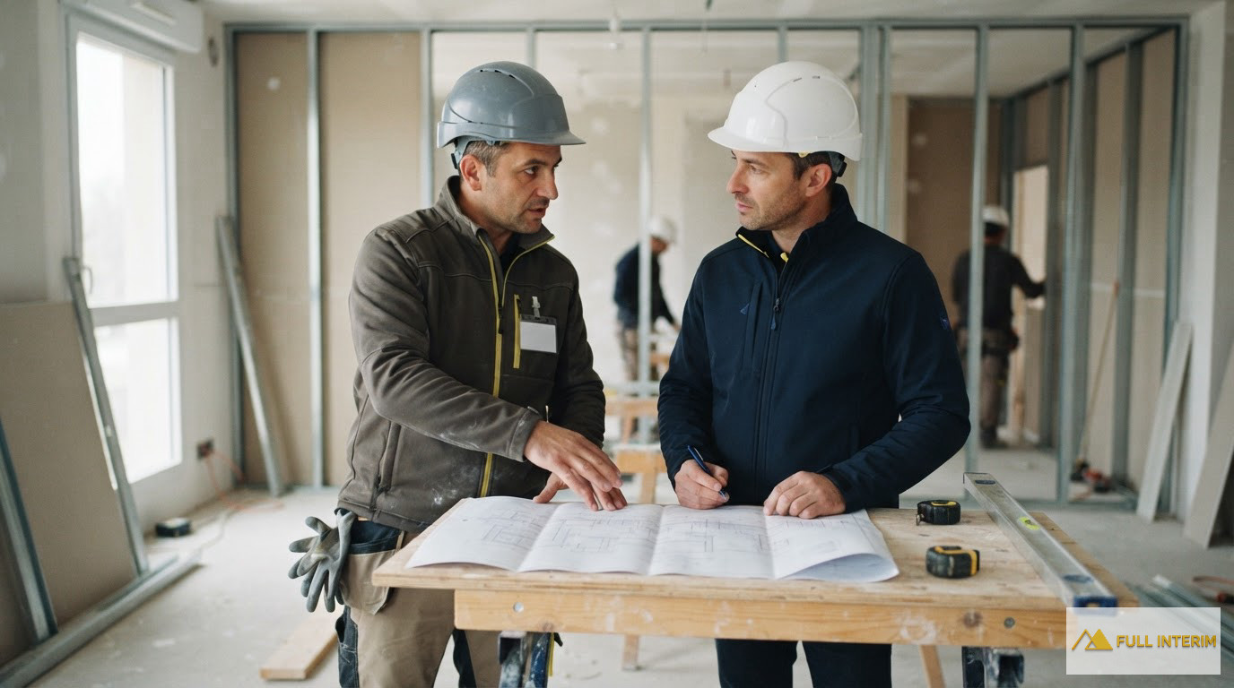 Un plaquiste et un chef de chantier discutent devant un plan architectural.