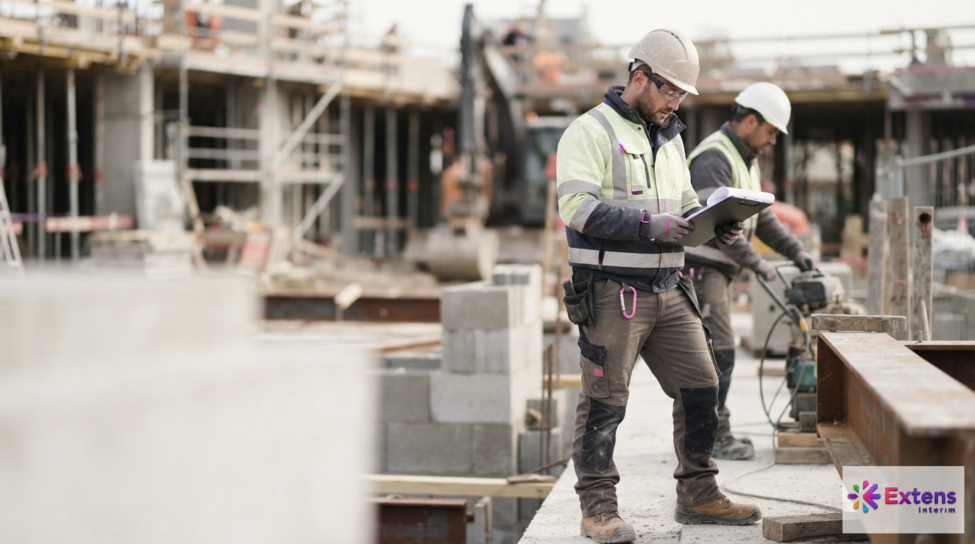 Ouvriers du BTP équipés sur un chantier sécurisé en France.