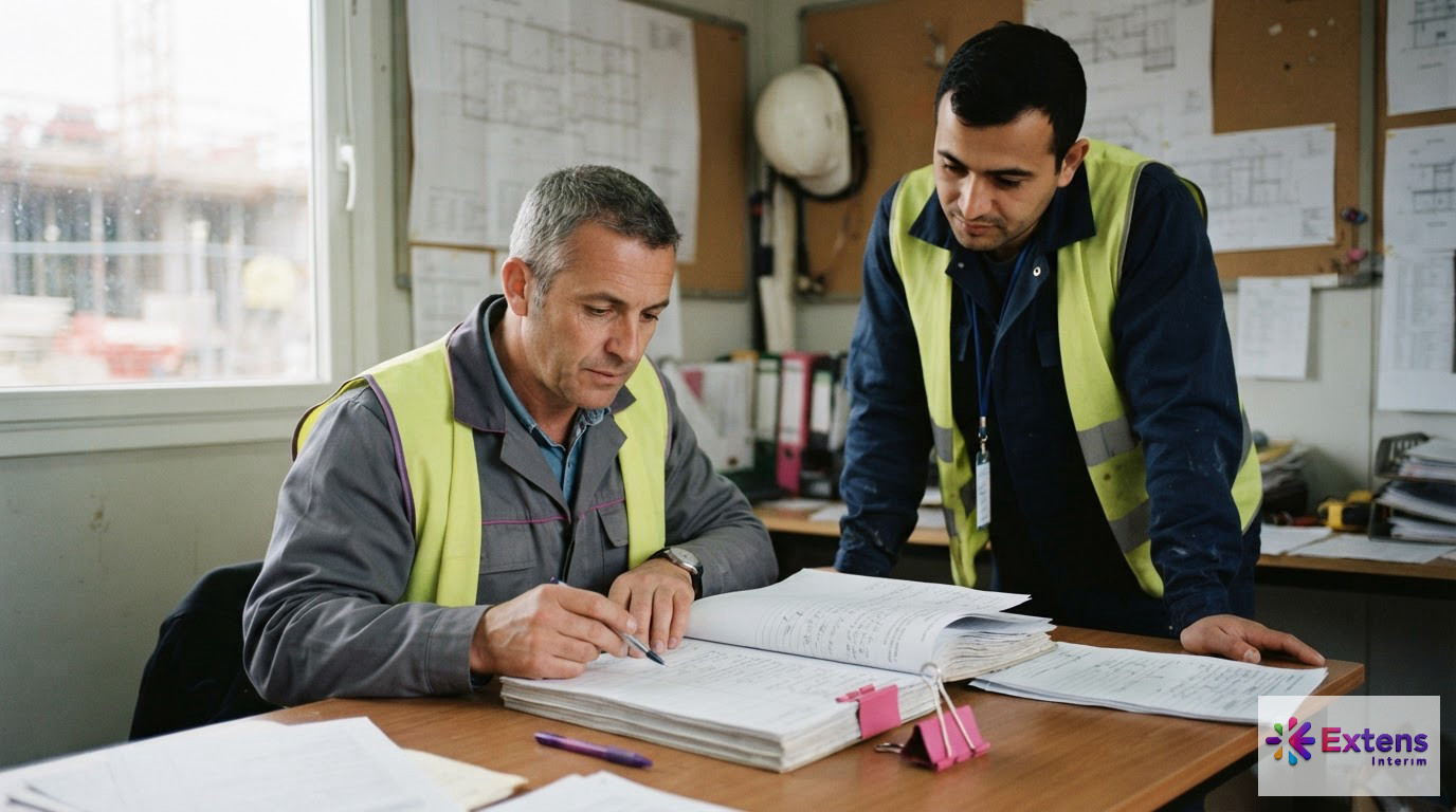 Un chef de chantier consultant des documents administratifs avec un ouvrier.