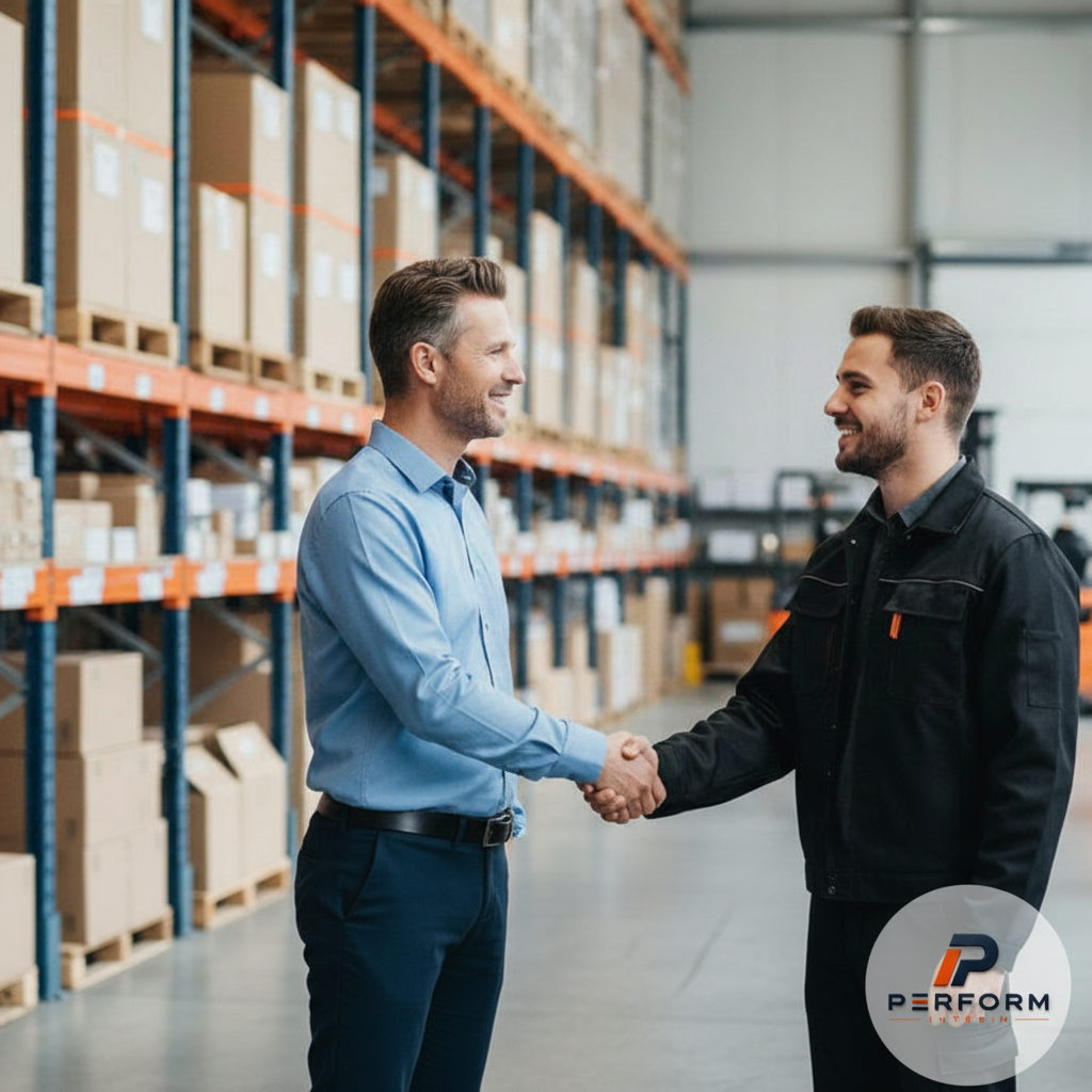 Accueil d'un intérimaire dans un entrepôt logistique moderne.