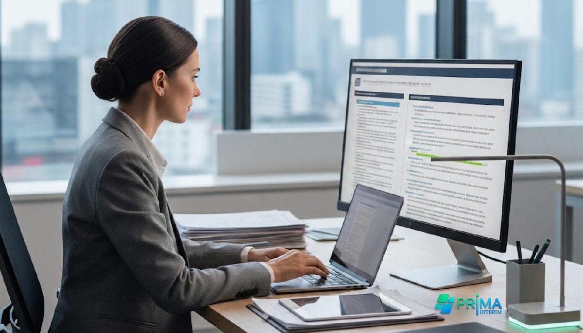 Gestionnaire RH examinant des contrats sur un ordinateur portable.