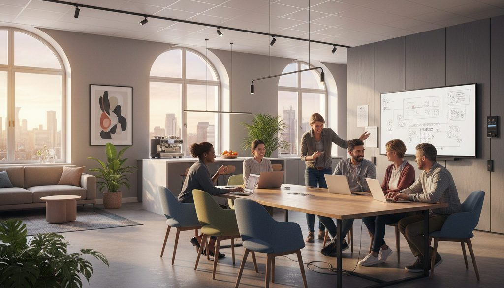 Employés divers travaillant ensemble dans un environnement moderne et positif.