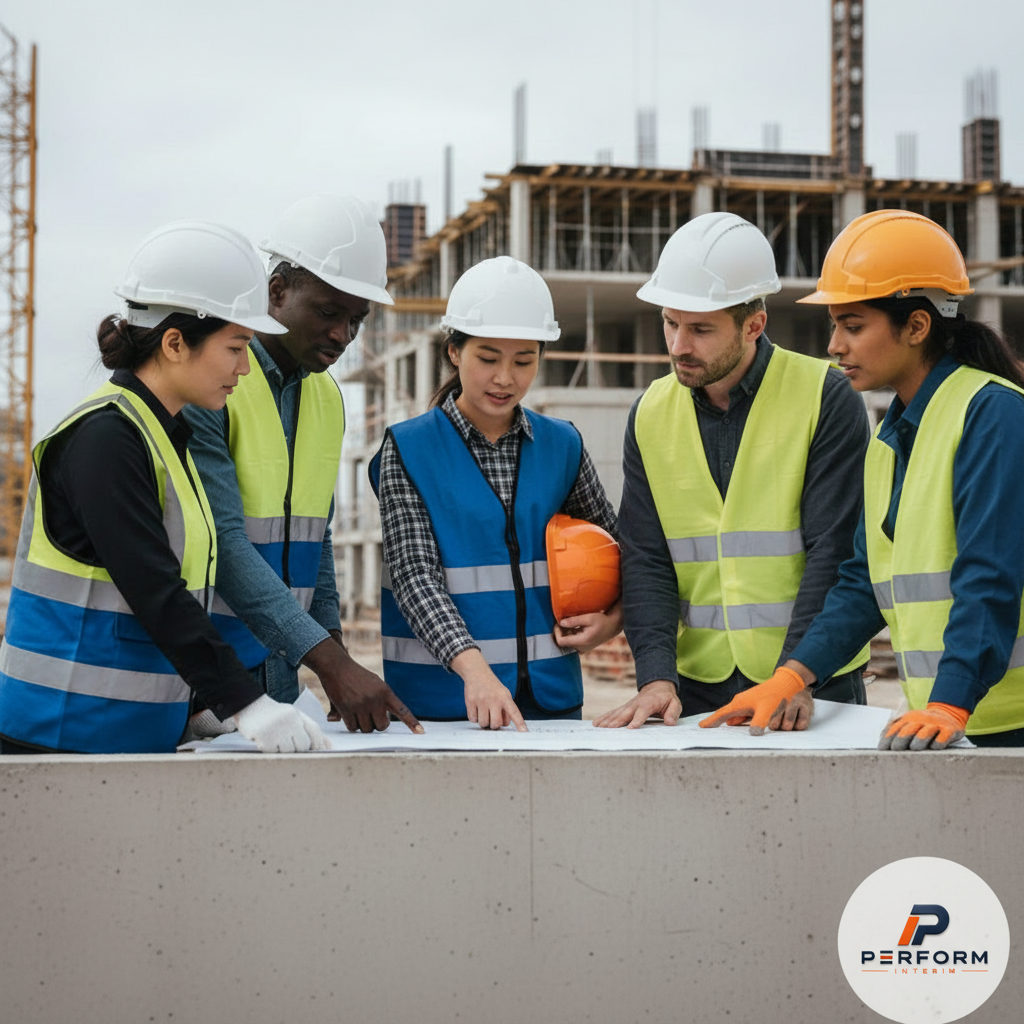 Équipe multiculturelle collaborant sur un chantier de construction en France.