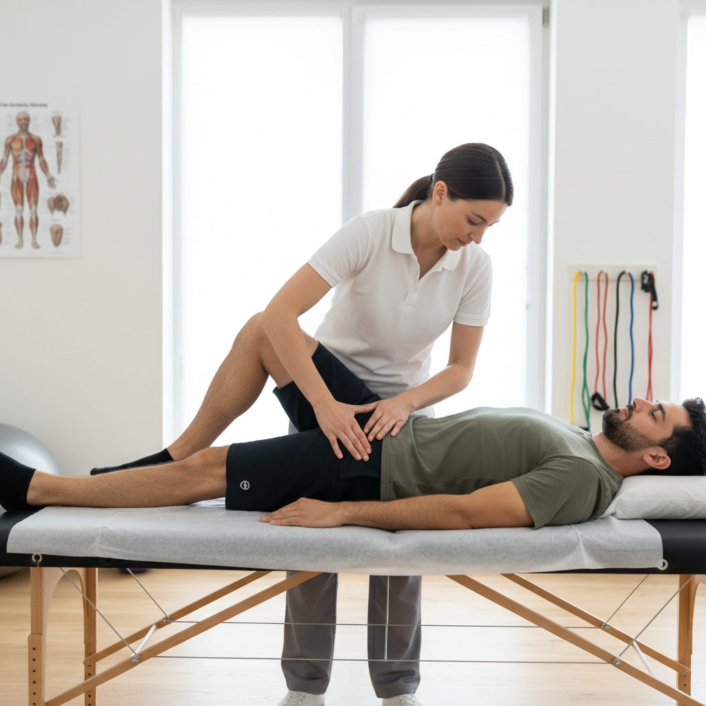 Fizjoterapeuta pracuje nad biodrem pacjenta, skupiając się na pachwinie.