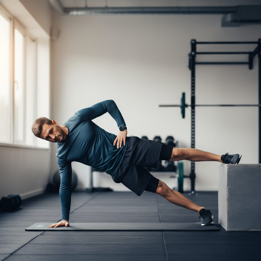Ćwiczenie 'Copenhagen Plank' na wzmocnienie mięśni przywodzicieli.