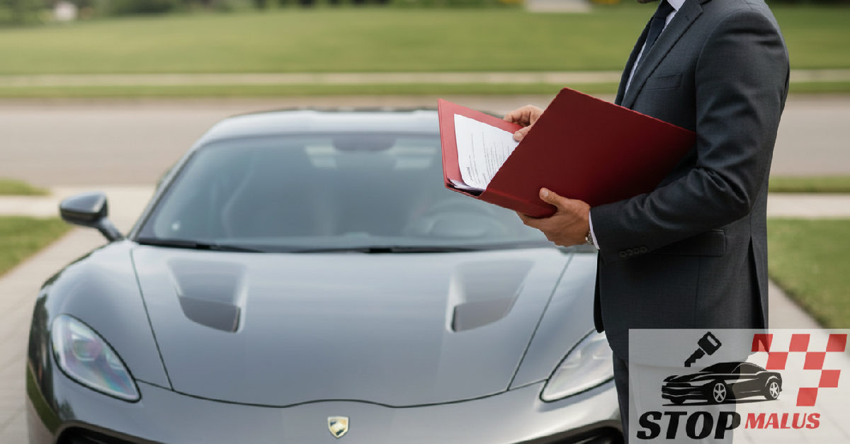 Propriétaire rangeant ses documents devant sa voiture de sport.