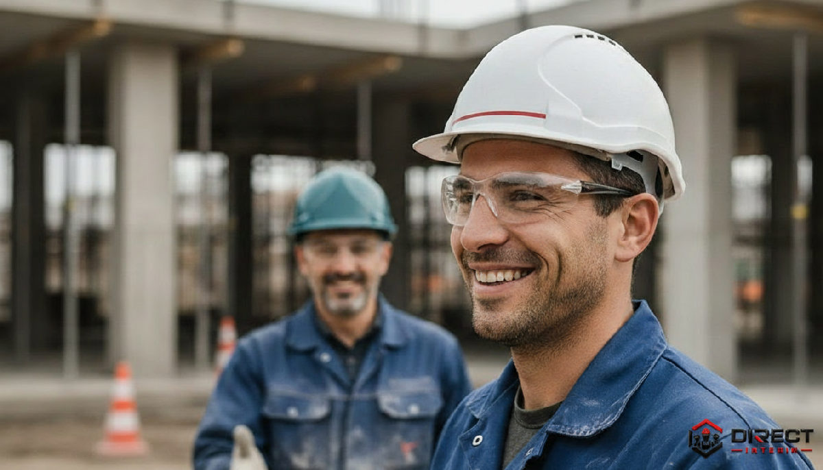 Ouvrier roumain souriant sur un chantier en France.