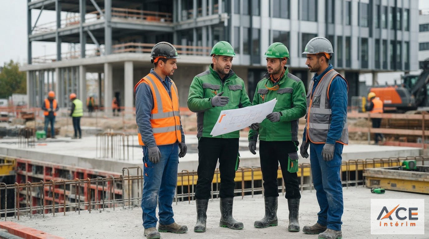 Ouvriers roumains en équipement de sécurité sur un chantier de construction moderne.