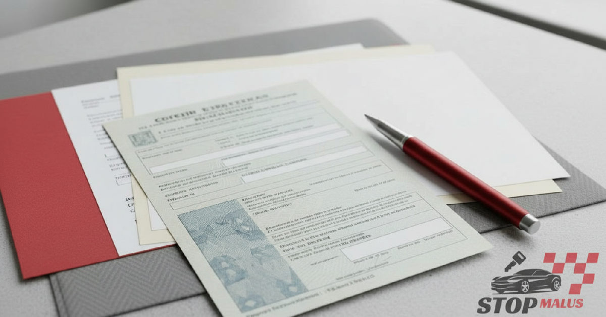 Documents administratifs, carte grise étrangère et stylo.