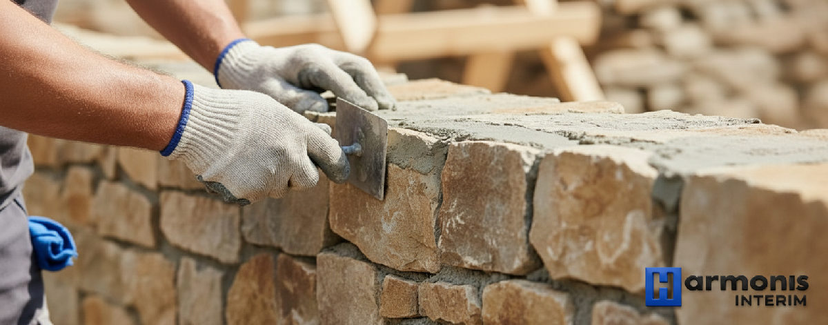 Mains expertes d'un maçon roumain joignant des pierres.