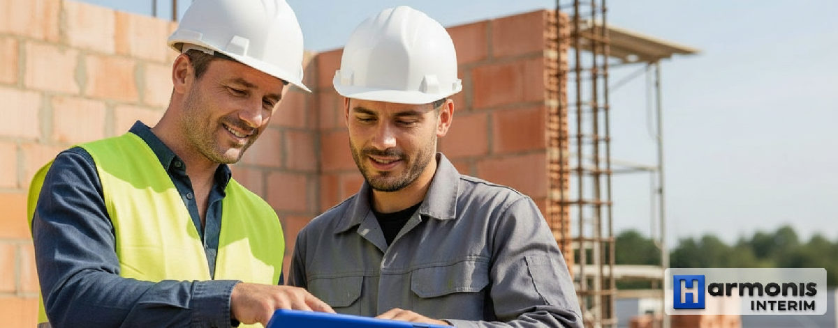 Chef de chantier et maçon roumain examinant un plan.