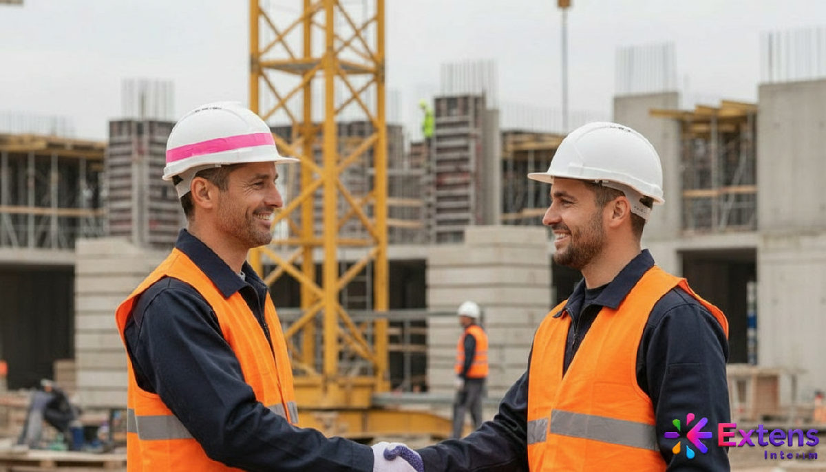 Chef de chantier français et ouvrier roumain main dans la main.