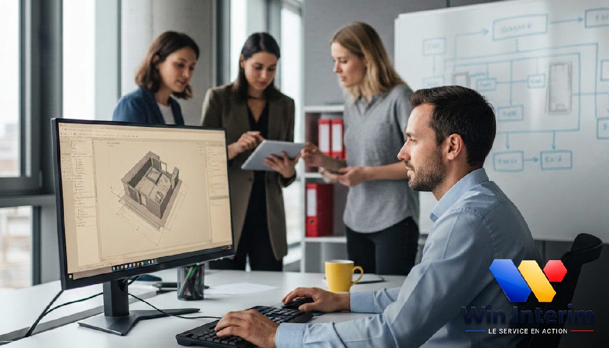Bureau d'études français : ingénieur utilisant le BIM avec des collègues européens.