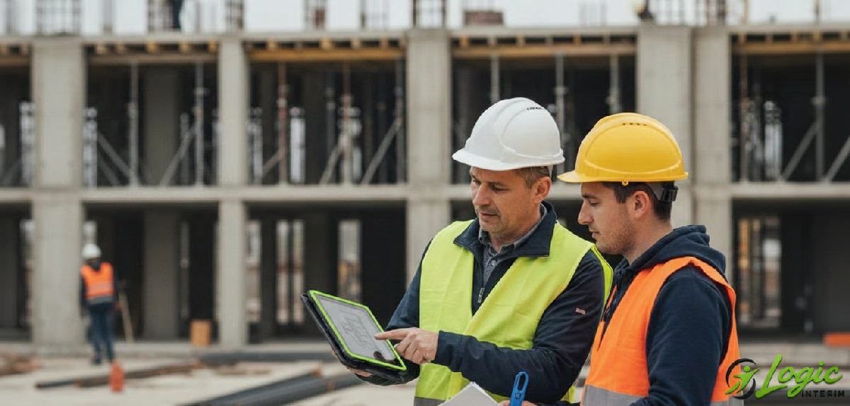 Superviseur vérifiant une liste de conformité sur un chantier.