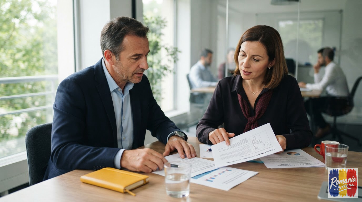 Une réunion entre un manager français et une agence roumaine sur les contrats.