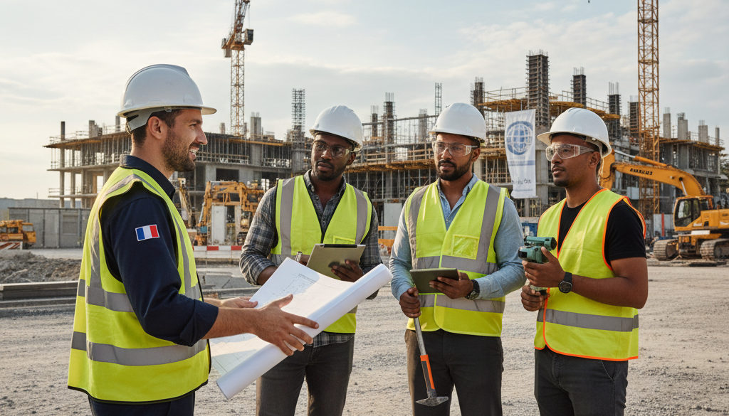 travail détaché vs intérim international – Réunion de techniciens étrangers sur un chantier français, coopération internation