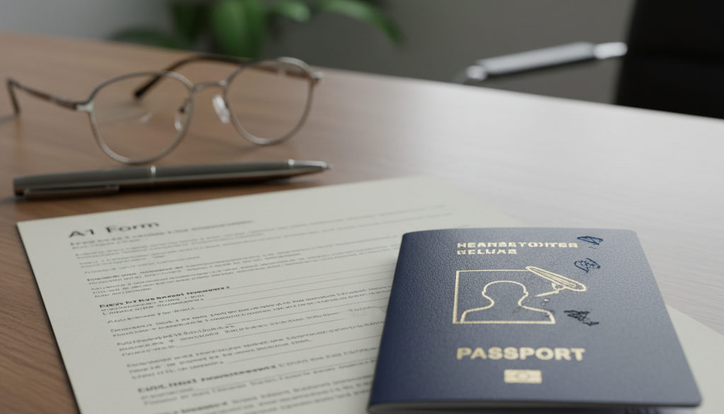 Documents administratifs, formulaire A1 et passeport symbolisant la mobilité.