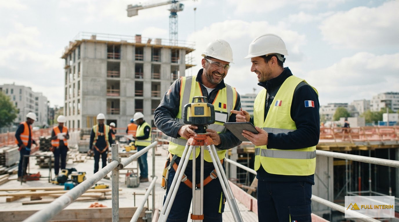 Une équipe multiculturelle collaborant sur un chantier de construction en France.