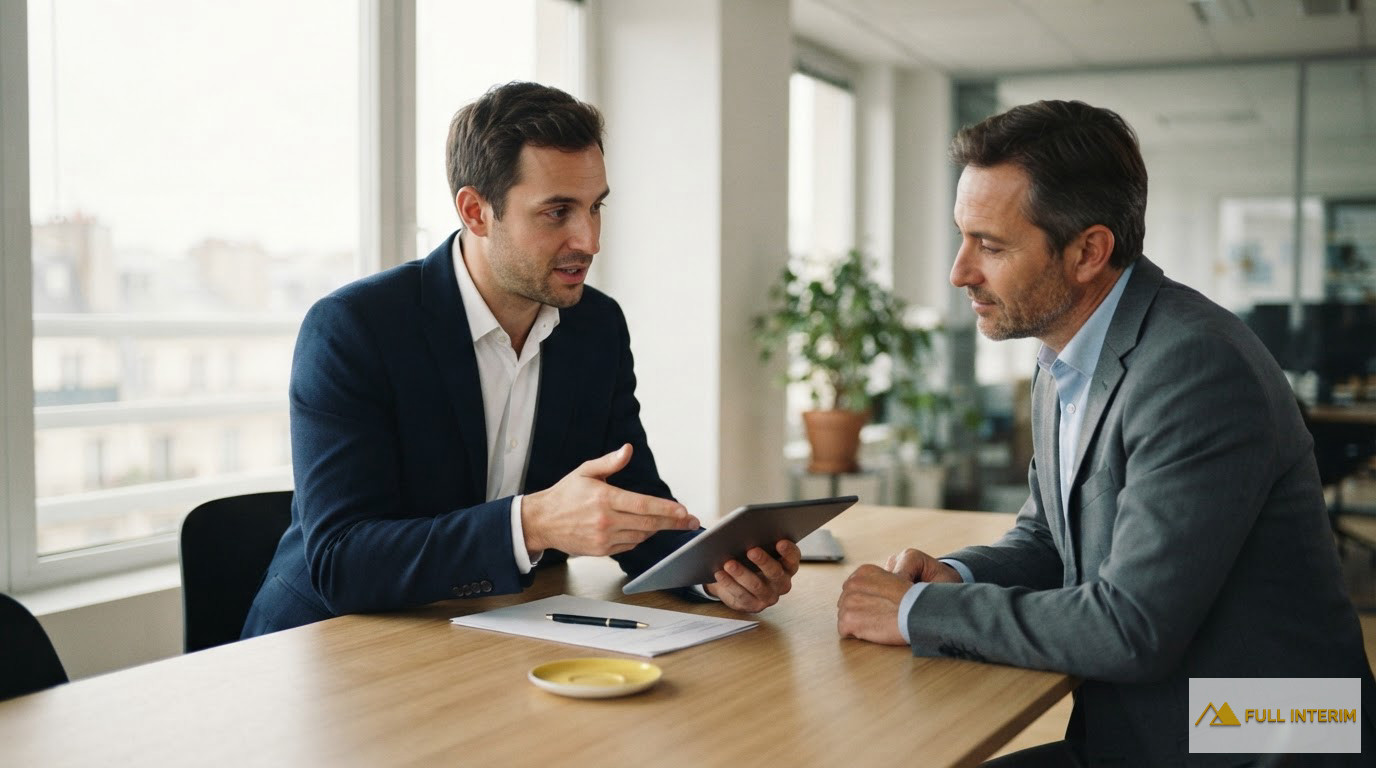 Un consultant conseillant un chef d'entreprise sur la gestion salariale en bureau.