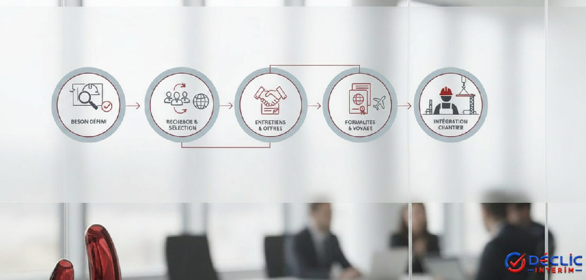 Infographie des étapes de recrutement d'un ouvrier roumain via une agence.