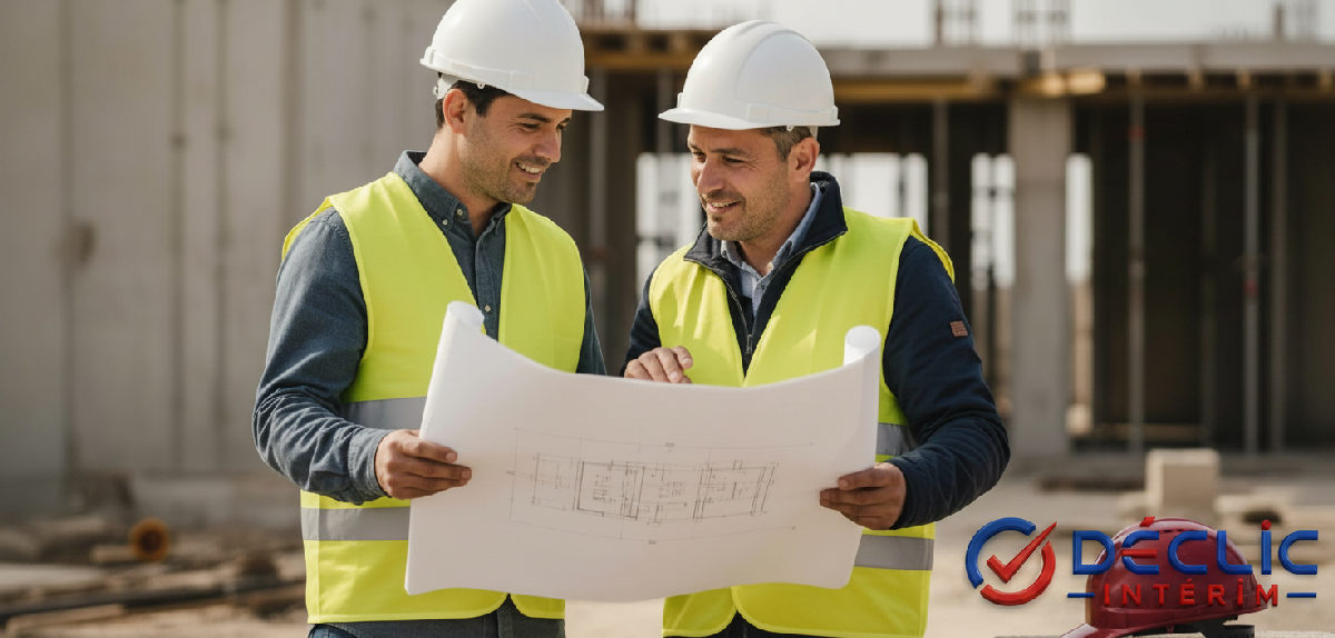Chef de chantier français expliquant un plan à un ouvrier roumain.
