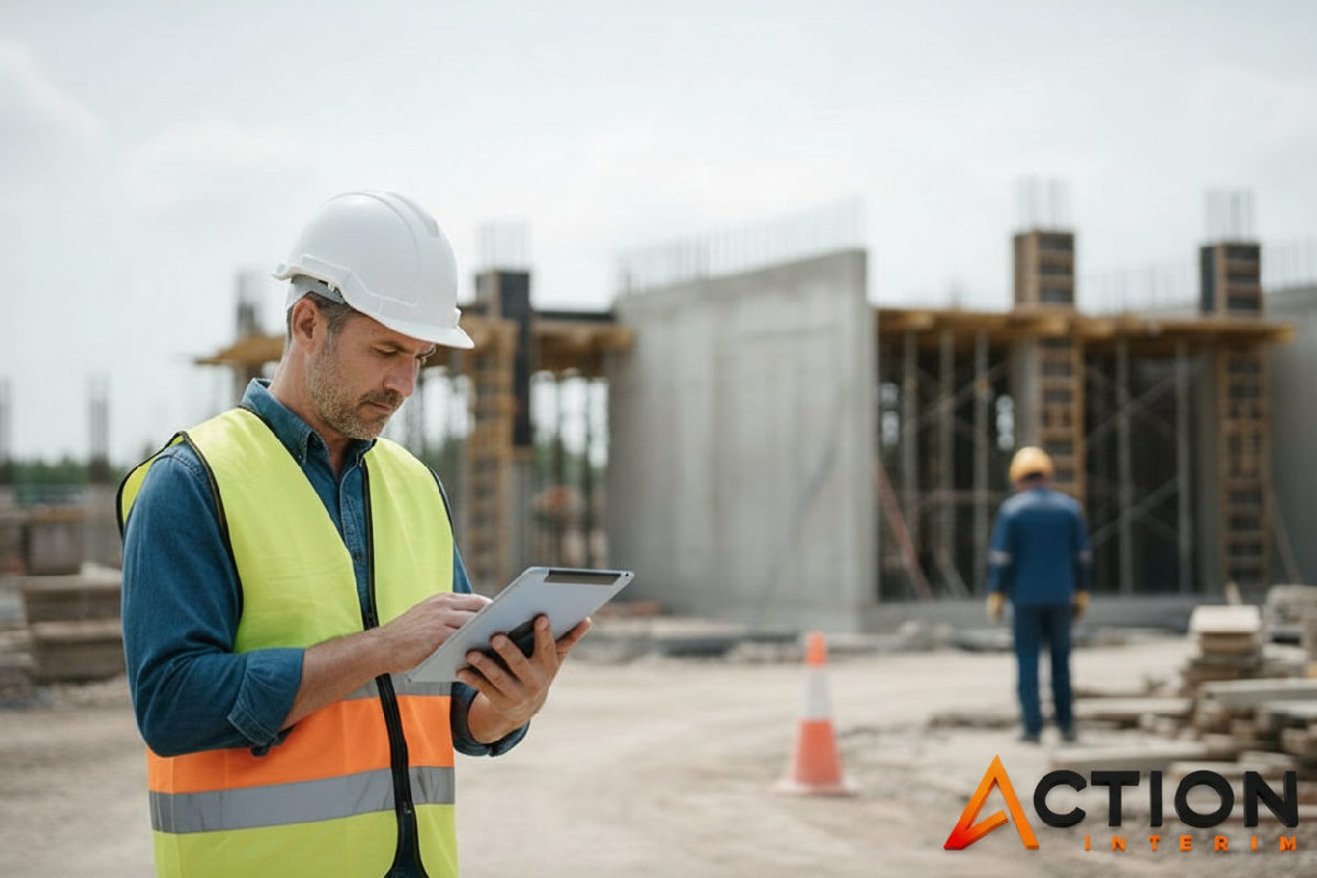 Conducteur de chantier vérifiant la conformité TVA sur tablette.