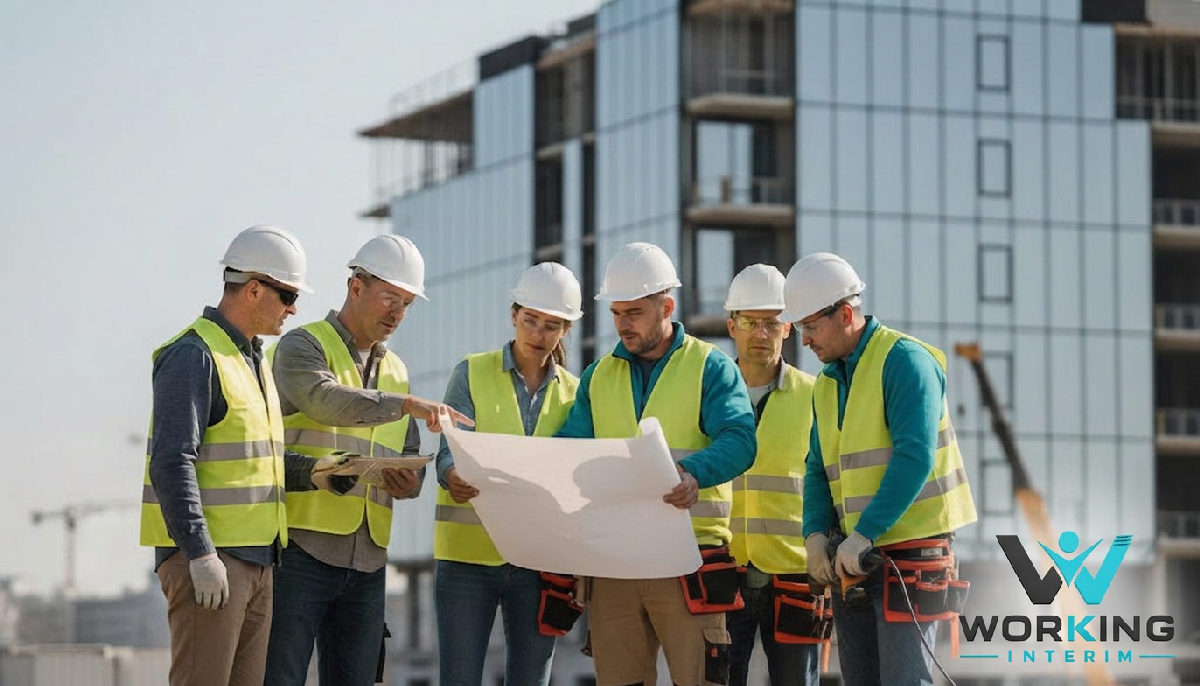 Ouvriers roumains et français travaillant ensemble sur un chantier moderne.