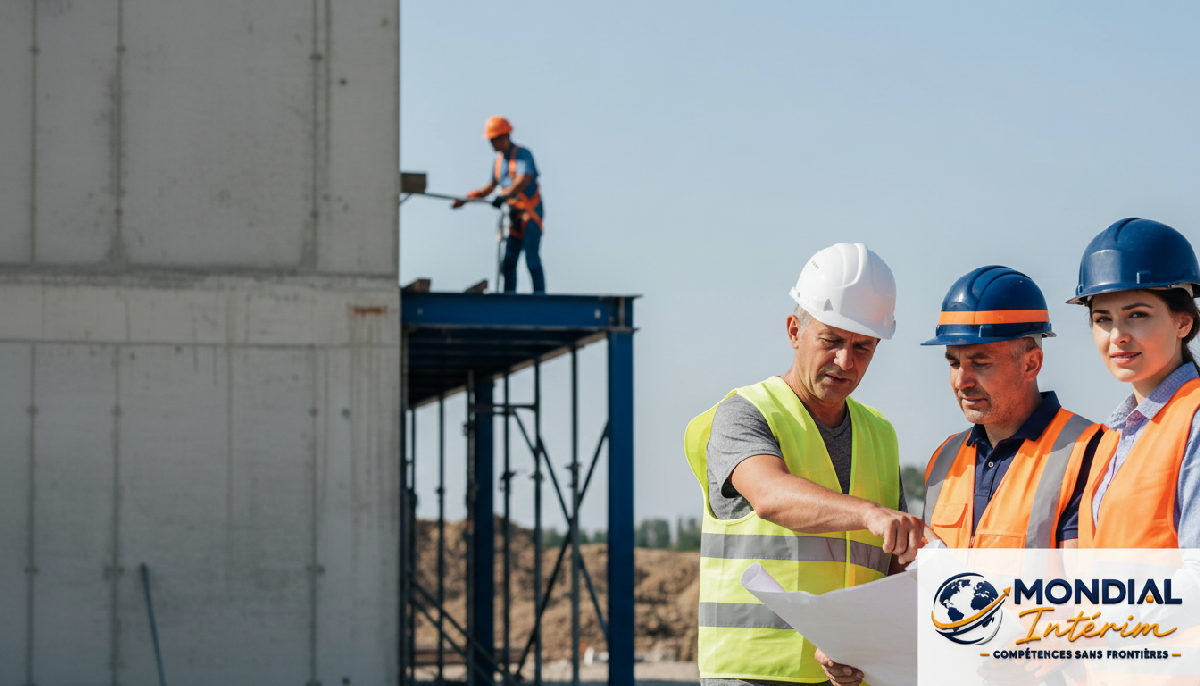 Équipe de construction mixte travaillant en harmonie sur un site.