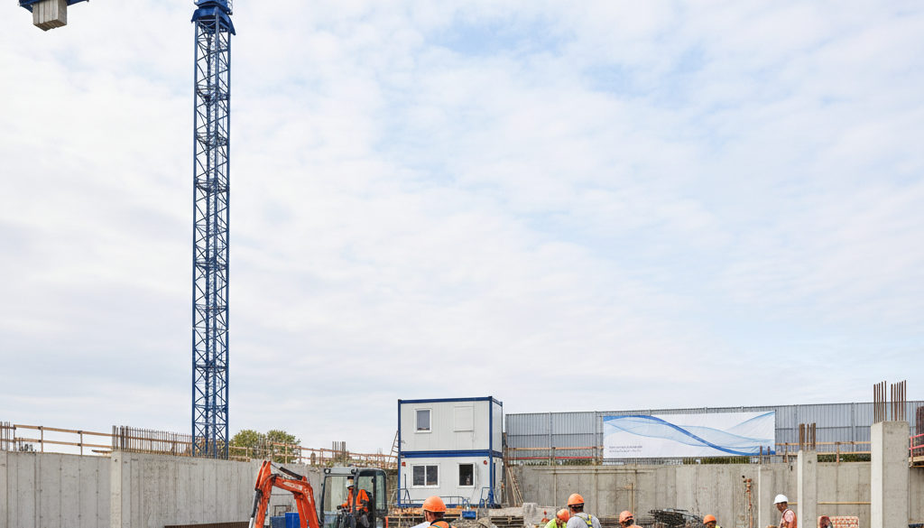 flexibilite detachement btp grands chantiers - Grue et ouvriers sur un chantier BTP en France.