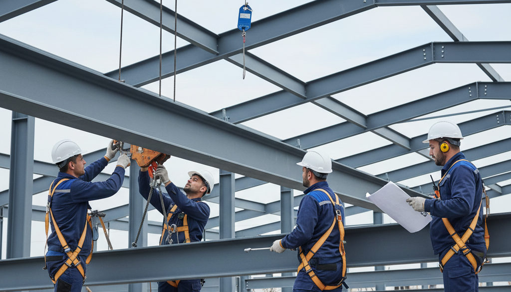 Ouvriers européens travaillant sur une structure métallique complexe.