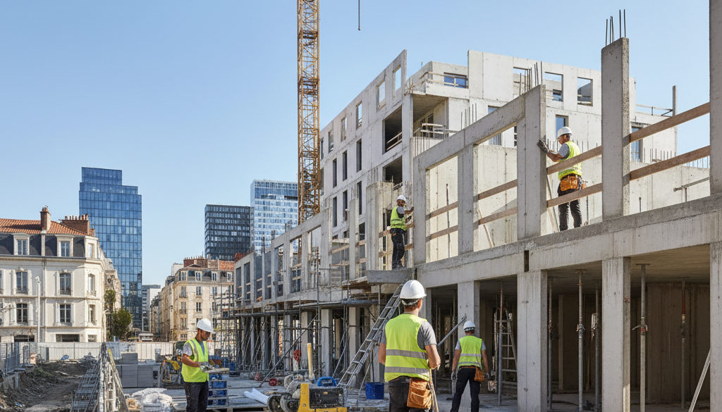 pénurie BTP maçons roumains – Maçons travaillant sur un chantier moderne en France.