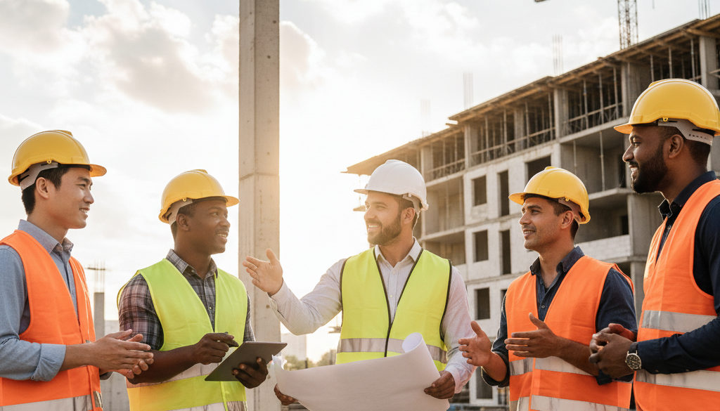 Chef de chantier et ouvriers collaborent sur un chantier.