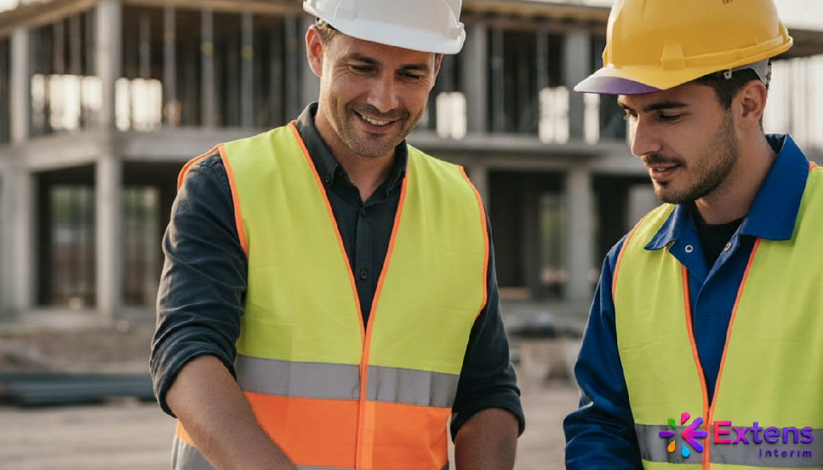 Conducteur de travaux français expliquant un plan à un ouvrier roumain.