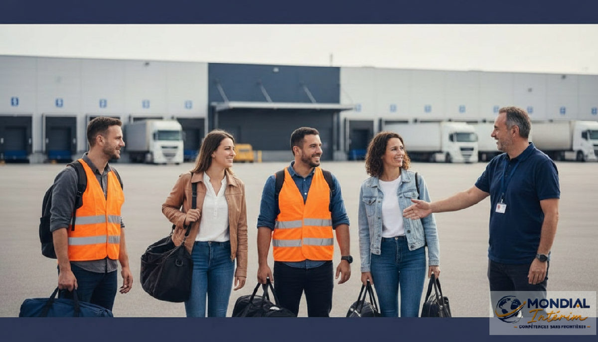 Intérimaires roumains souriants accueillis sur un site logistique en France.