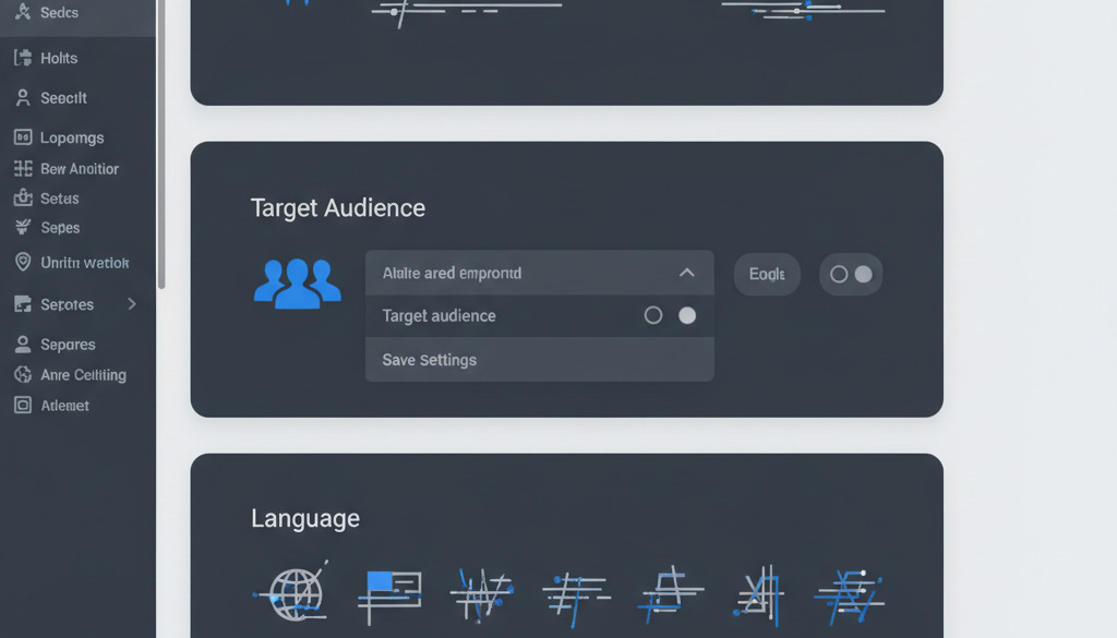 Fictional WordPress AI plugin settings page with options for tone, audience, and language.