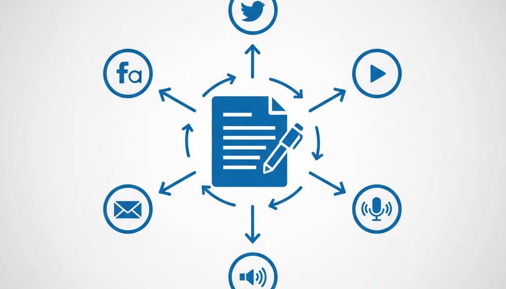Diagram showing content repurposing from a blog post to social media, email, video, and podcast.