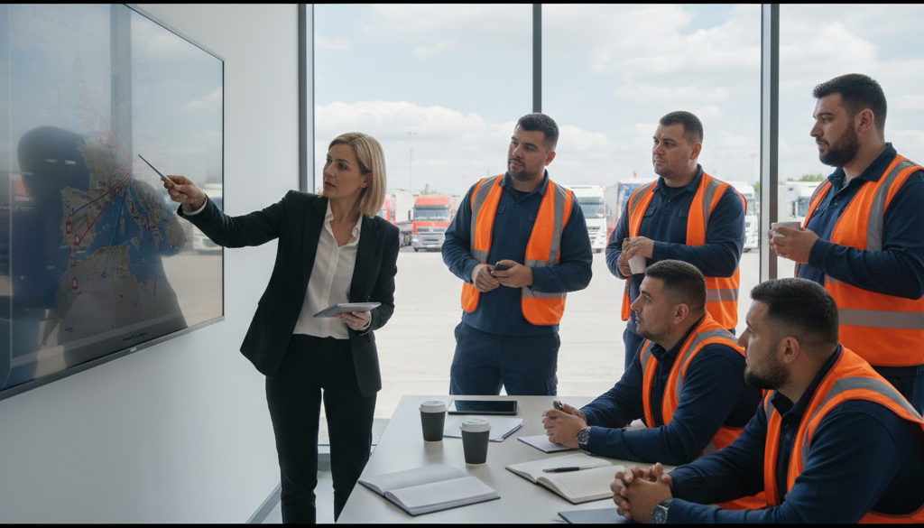 Briefing logistique : présentation de l'itinéraire aux chauffeurs roumains.