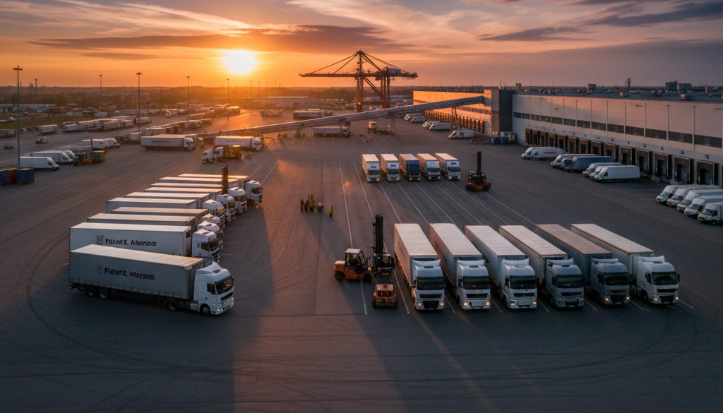 Plateforme logistique animée au coucher du soleil avec camions alignés.