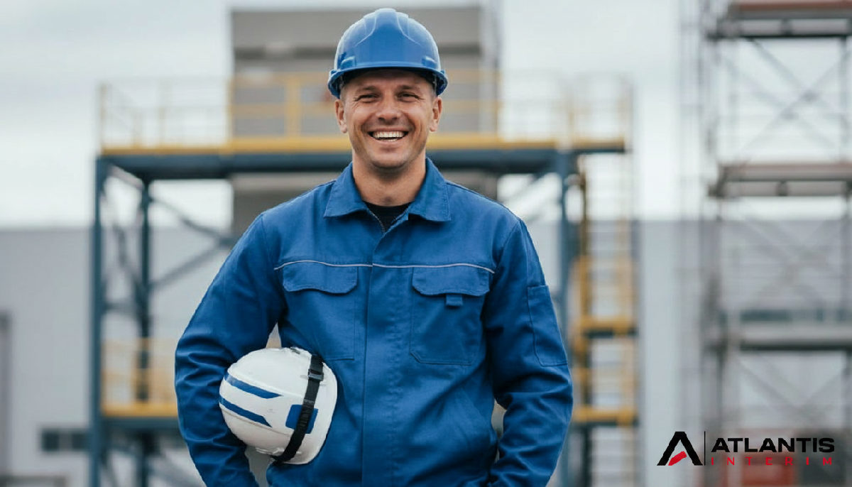 Technicien souriant en tenue de travail sur un site industriel.